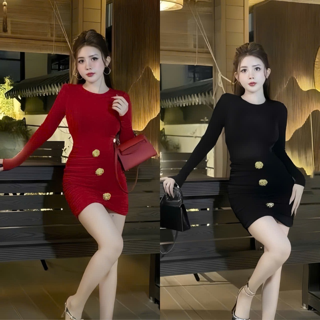 Đầm body cở tròn tay dài nhún hông kèm tag ở giữa chất thun Ladong thiết kế trẻ trung thời trang