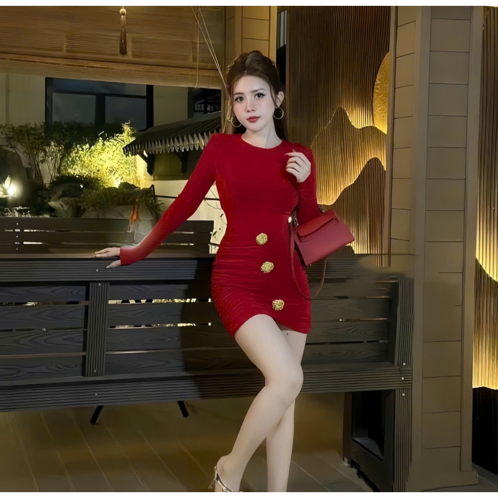 Đầm body cở tròn tay dài nhún hông kèm tag ở giữa chất thun Ladong thiết kế trẻ trung thời trang