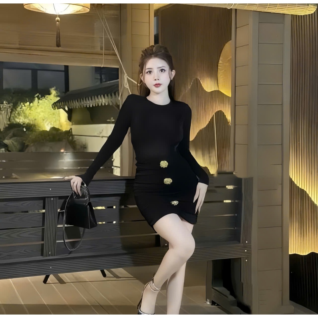 Đầm body cở tròn tay dài nhún hông kèm tag ở giữa chất thun Ladong thiết kế trẻ trung thời trang