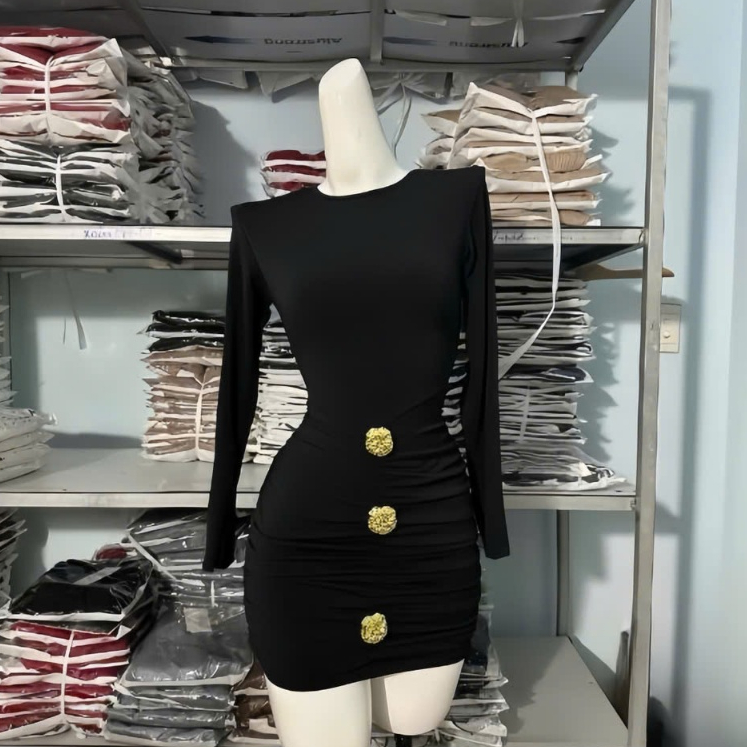 Đầm body cở tròn tay dài nhún hông kèm tag ở giữa chất thun Ladong thiết kế trẻ trung thời trang