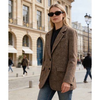 Blazer Zara made in Morocco áo khoác dạ len caro nâu lót lụa sang đẹp