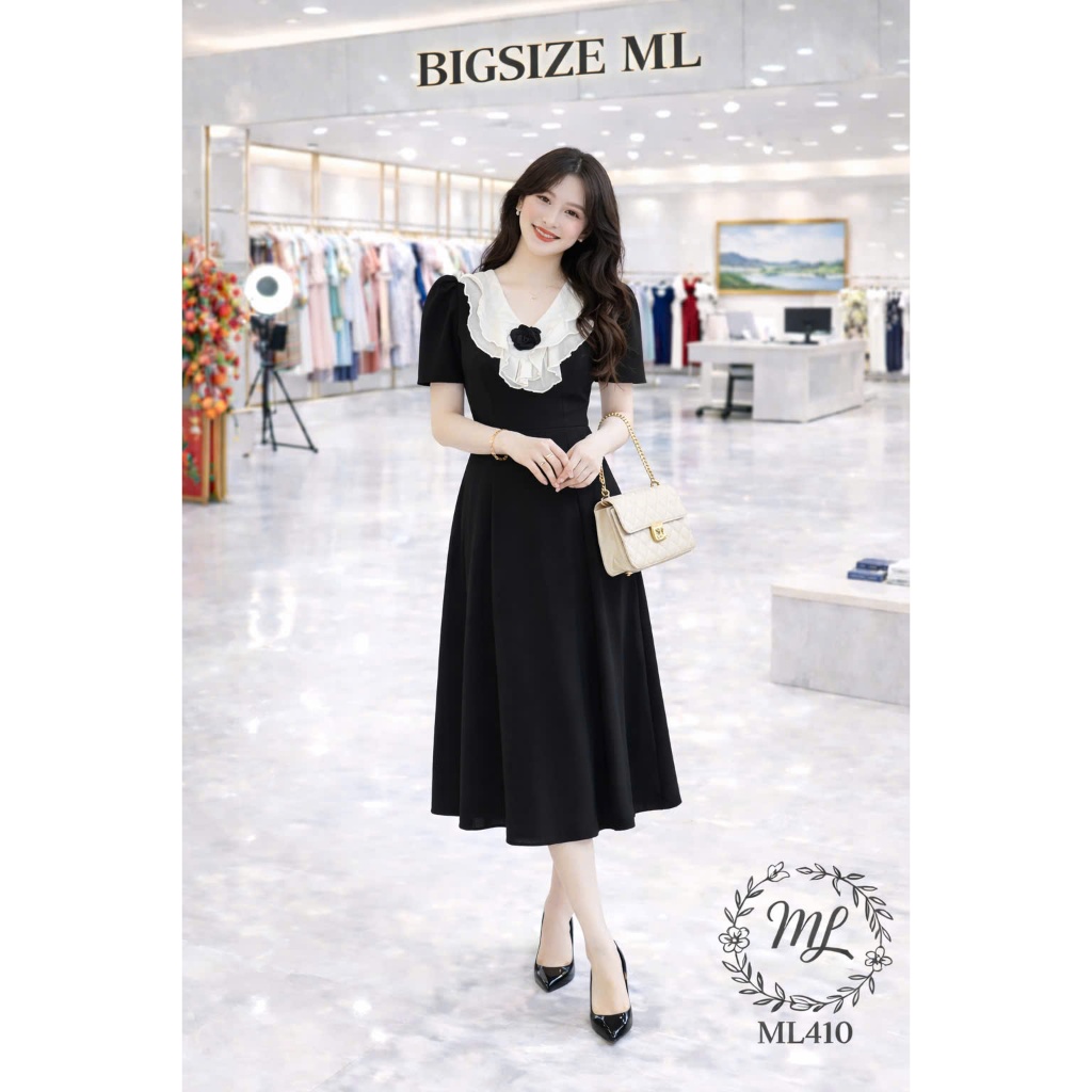 ĐẦM ML410 – ĐẦM BIGSIZE CỔ BÈO PHỐI HOA THANH LỊCH CHE DÁNG 55–90KG