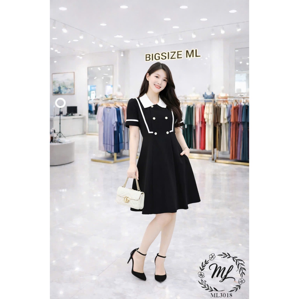 ĐẦM ML3018 – ĐẦM BIGSIZE DÁNG XÒE PHỐI VIỀN TRẮNG THANH LỊCH 55–90KG