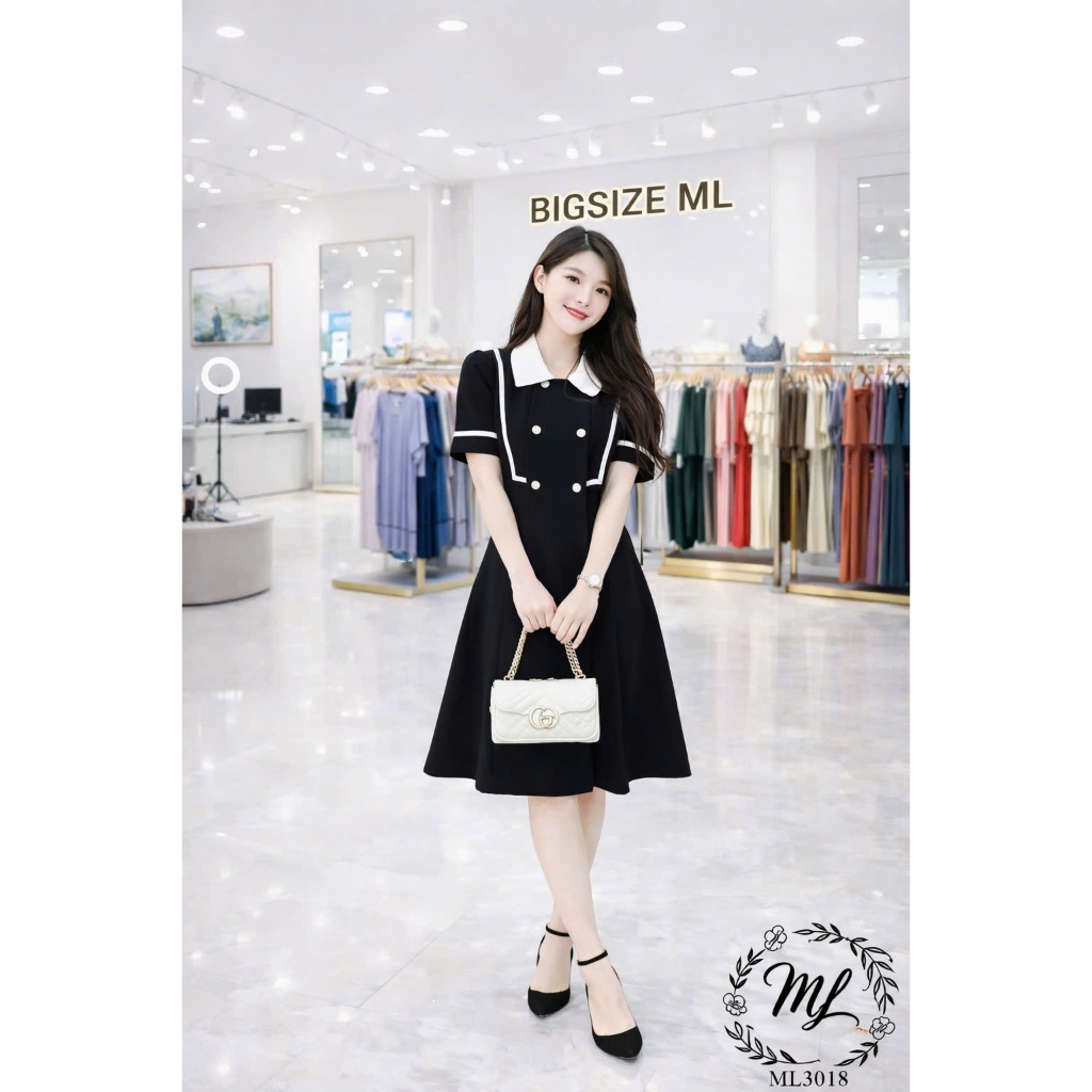 ĐẦM ML3018 – ĐẦM BIGSIZE DÁNG XÒE PHỐI VIỀN TRẮNG THANH LỊCH 55–90KG