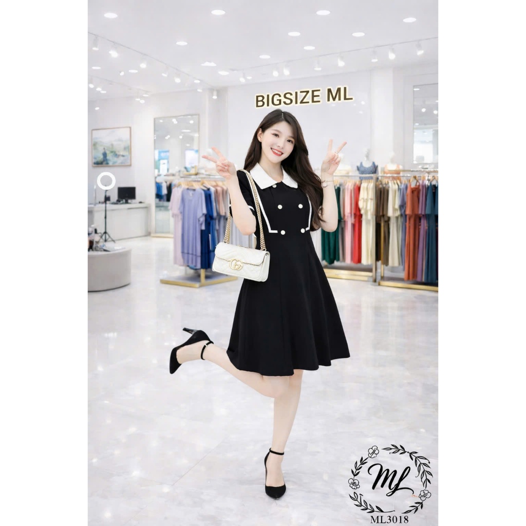 ĐẦM ML3018 – ĐẦM BIGSIZE DÁNG XÒE PHỐI VIỀN TRẮNG THANH LỊCH 55–90KG