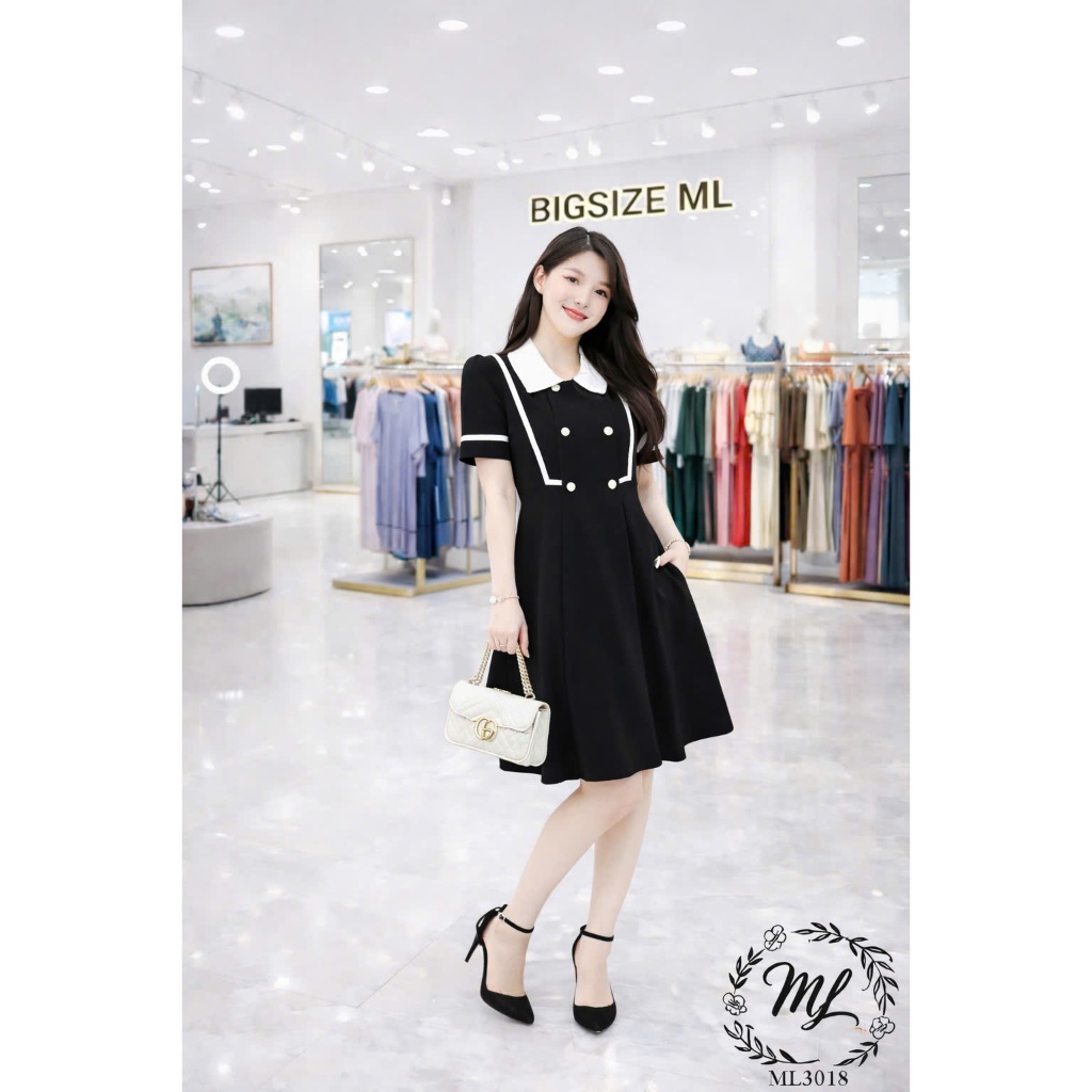 ĐẦM ML3018 – ĐẦM BIGSIZE DÁNG XÒE PHỐI VIỀN TRẮNG THANH LỊCH 55–90KG