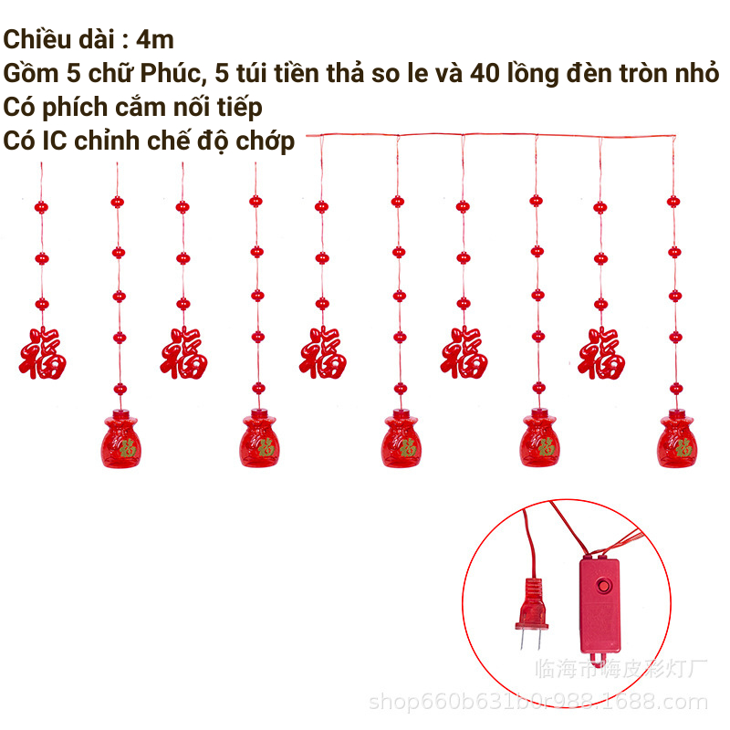 Đèn rèm lồng đèn LED 5 Chữ Phúc 5 túi tiền Trang trí Lễ Tết dây dài 4m Có nối