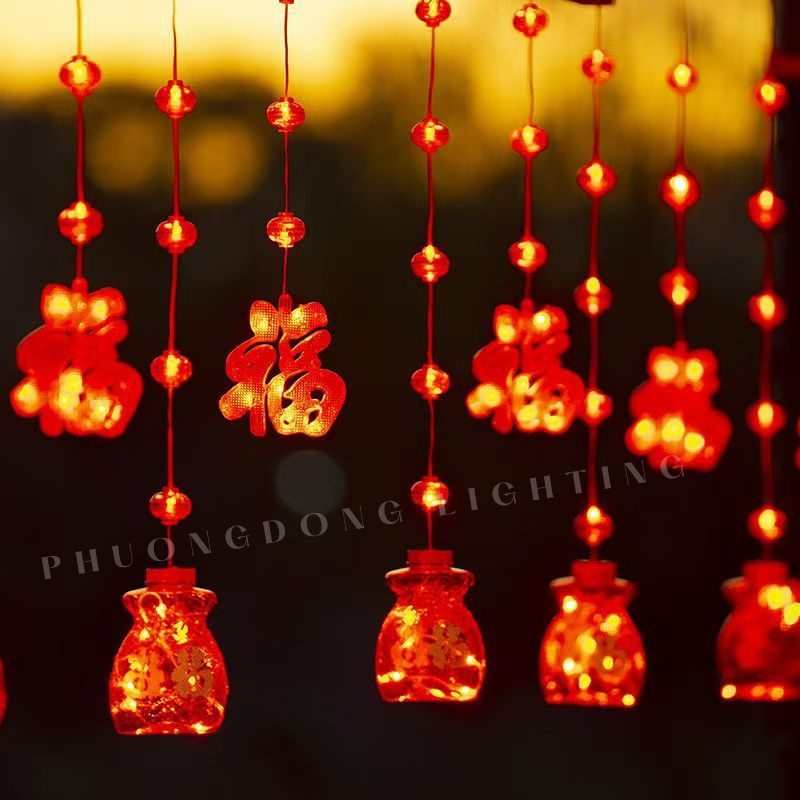 Đèn rèm lồng đèn LED 5 Chữ Phúc 5 túi tiền Trang trí Lễ Tết dây dài 4m Có nối