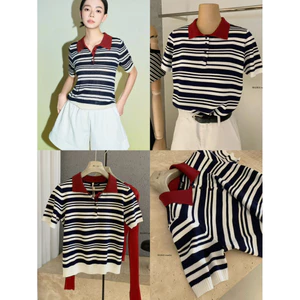 MIE96 x WGWE | Áo mongtoghi cổ polo sọc phối màu – Dáng ôm nhẹ retro thanh lịch, dễ phối đồ W8838#