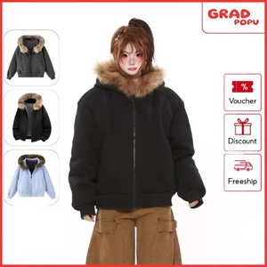Áo khoác GRADPOPU chất liệu lông vũ lót lông cừu có mũ trùm đầu cổ lông chồn dáng rộng AK556