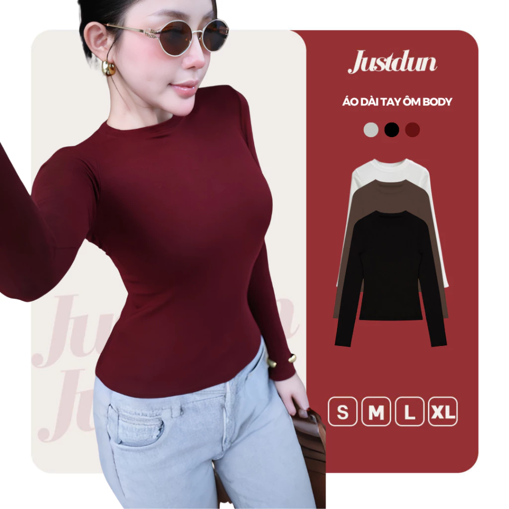 Áo Thun Nữ Dài Tay JUSTDUN A8 Cổ Tròn, Cotton Mịn Dày Dặn, Siêu Co Giãn Mềm Mại, Tôn Dáng