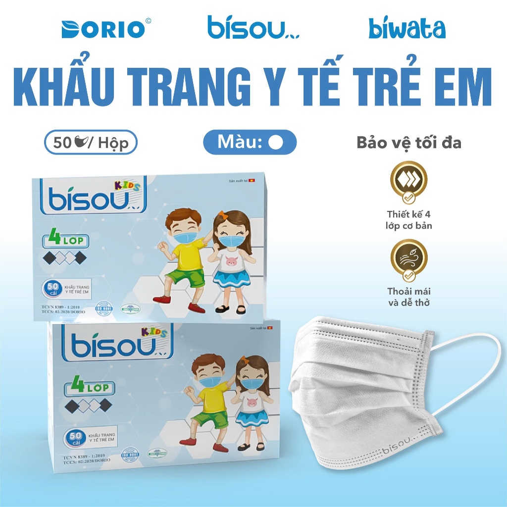 Hộp 50 cái khẩu trang y tế trẻ em hiệu BISOU