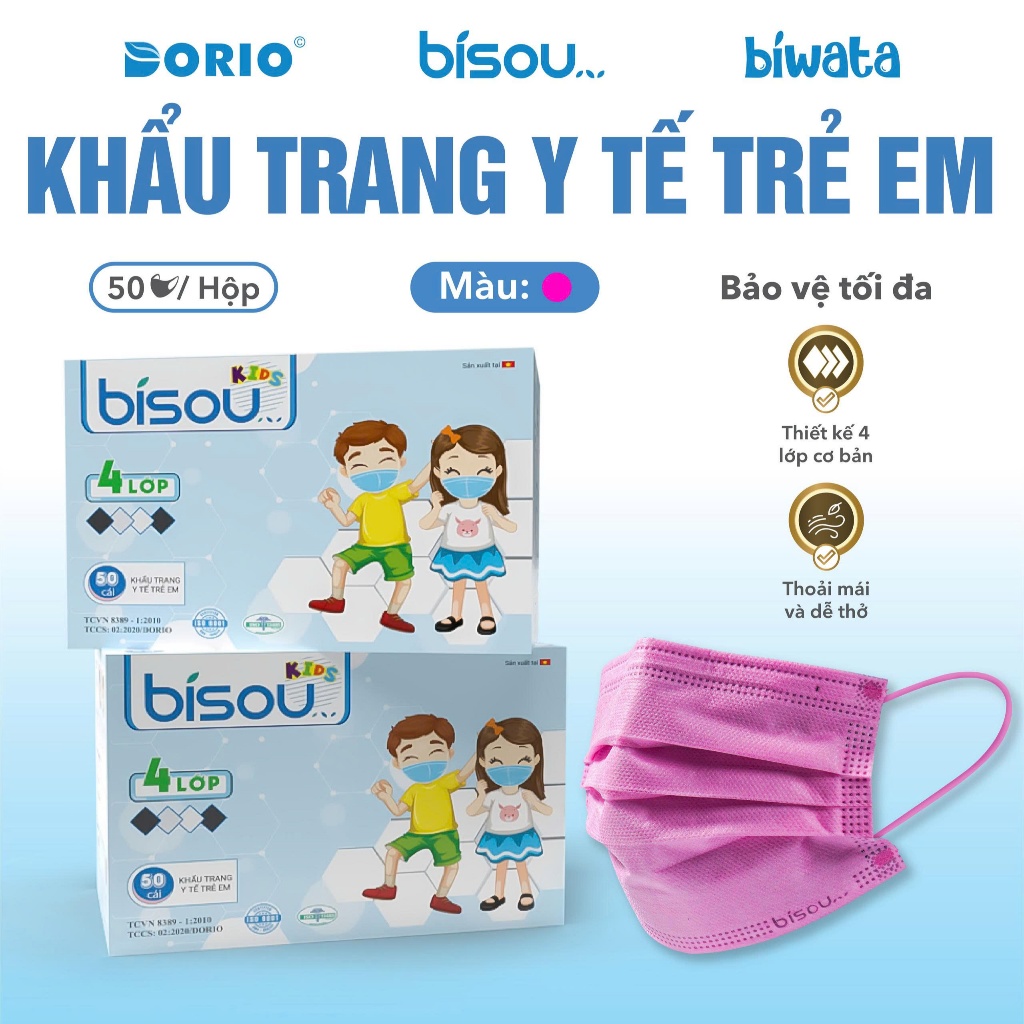Hộp 50 cái khẩu trang y tế trẻ em hiệu BISOU