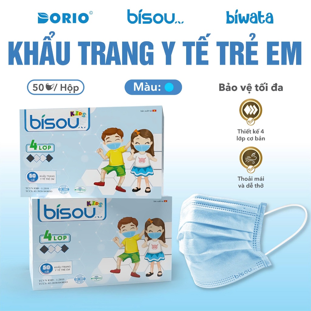 Hộp 50 cái khẩu trang y tế trẻ em hiệu BISOU