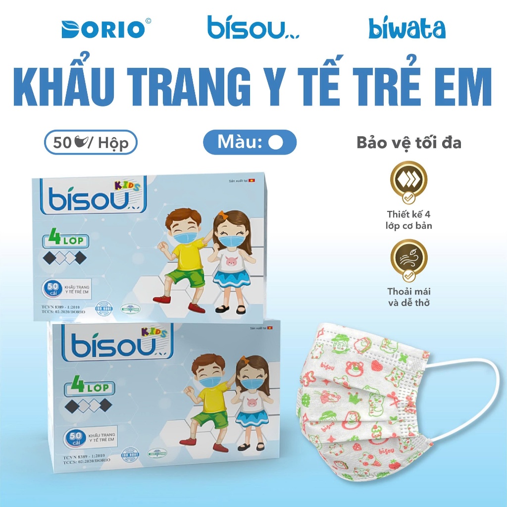 Hộp 50 cái khẩu trang y tế trẻ em hiệu BISOU