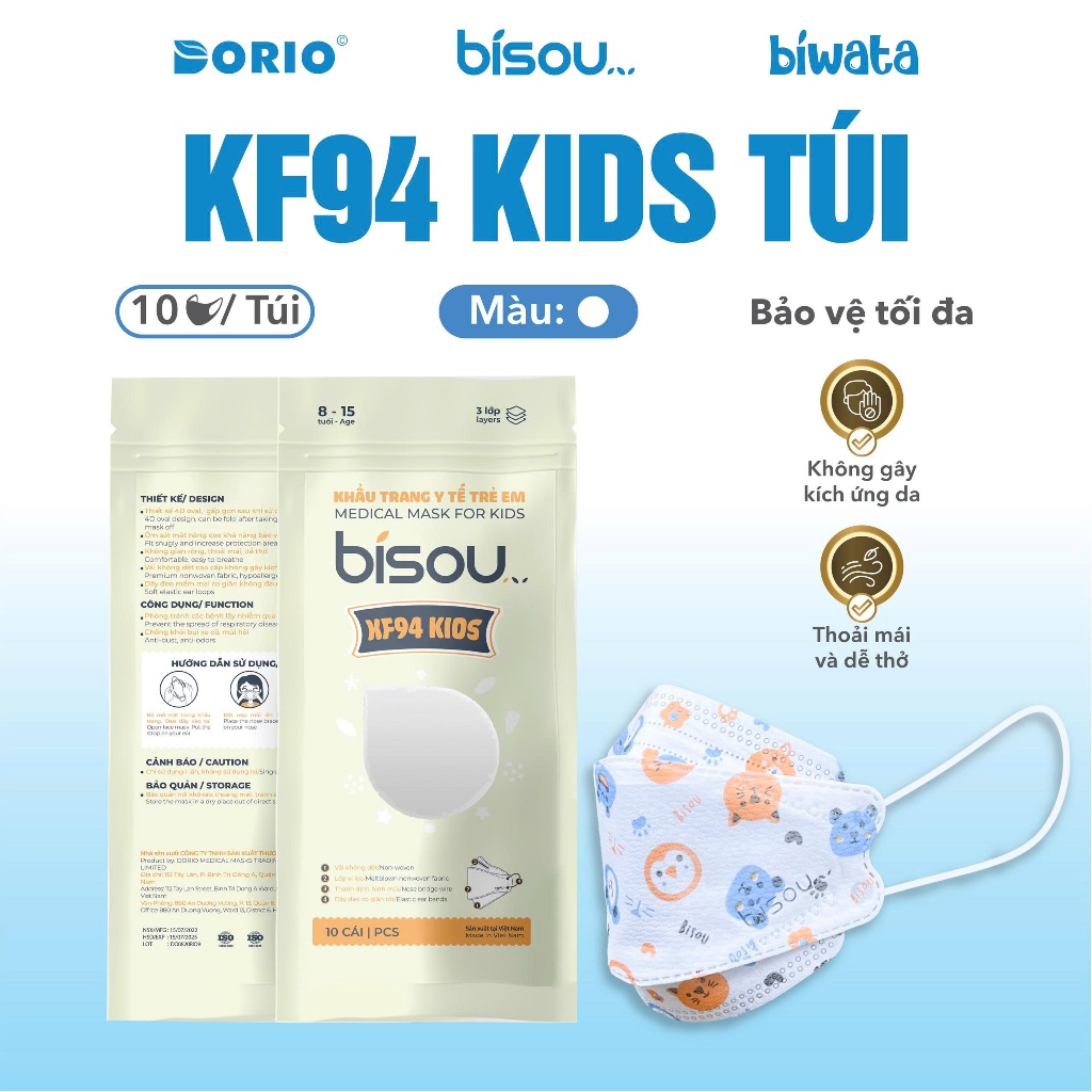 Combo 10 túi khẩu trang KF94 kids hiệu BISOU