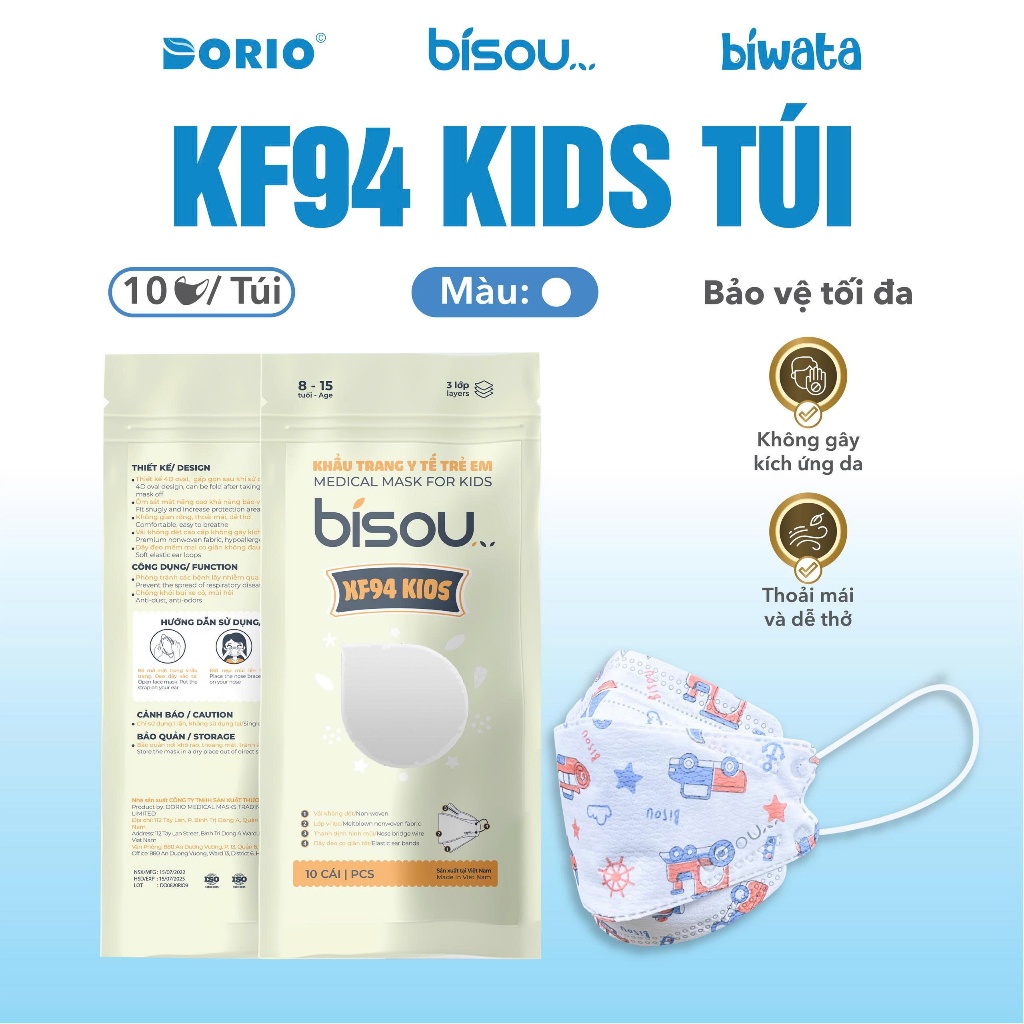 Combo 10 túi khẩu trang KF94 kids hiệu BISOU