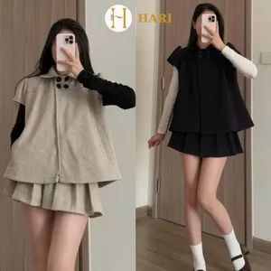 Set 2 Chi Tiết Áo Dạ Hari Cổ Sen Cộc Tay & Chân Váy Ngắn Xếp Ly (Ko kèm áo trong) 86