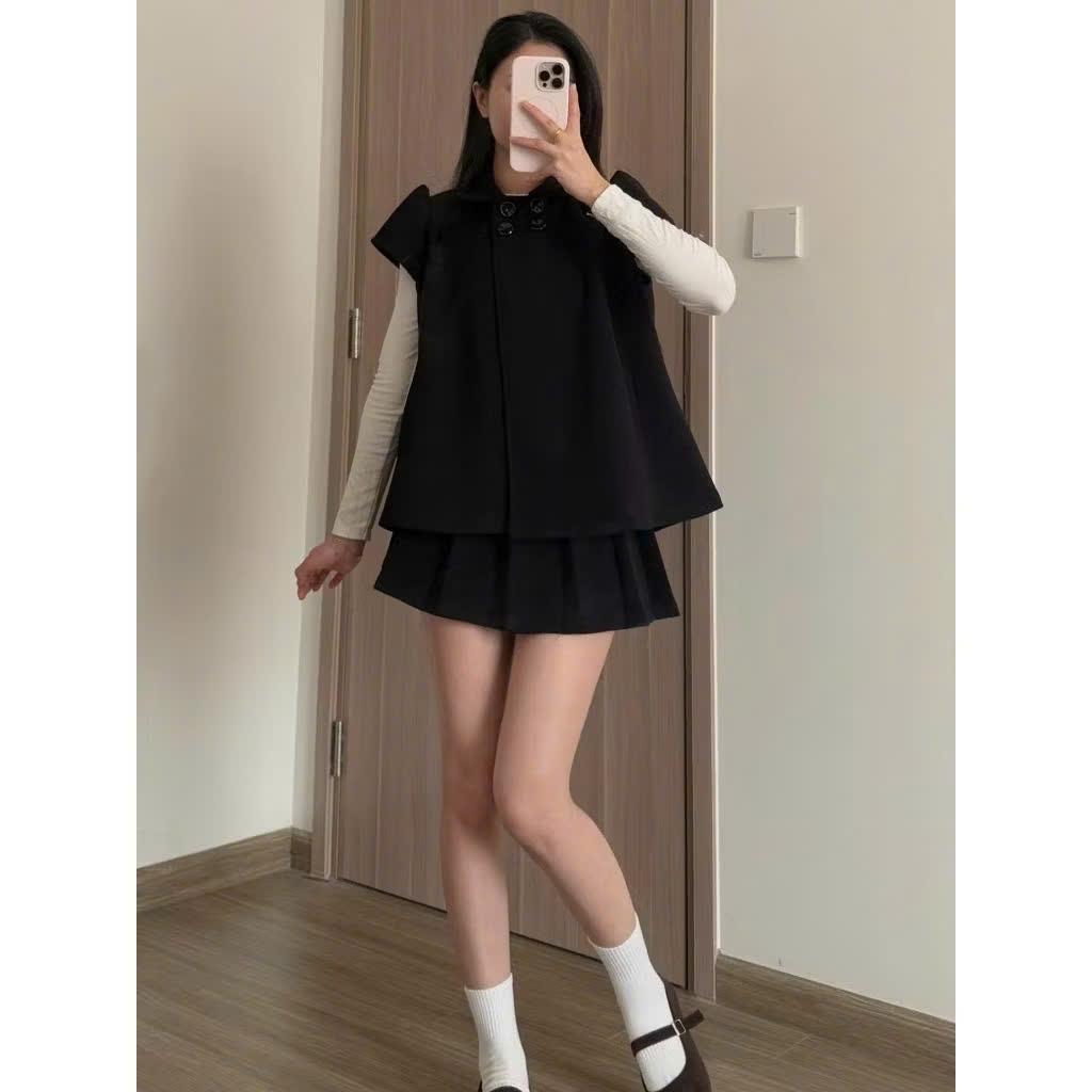 Set 2 Chi Tiết Gồm Áo Dạ Cổ Sen Cộc Tay & Chân Váy Ngắn Xếp Ly Thanh Lịch Mặc Tết (Ko kèm áo trong)