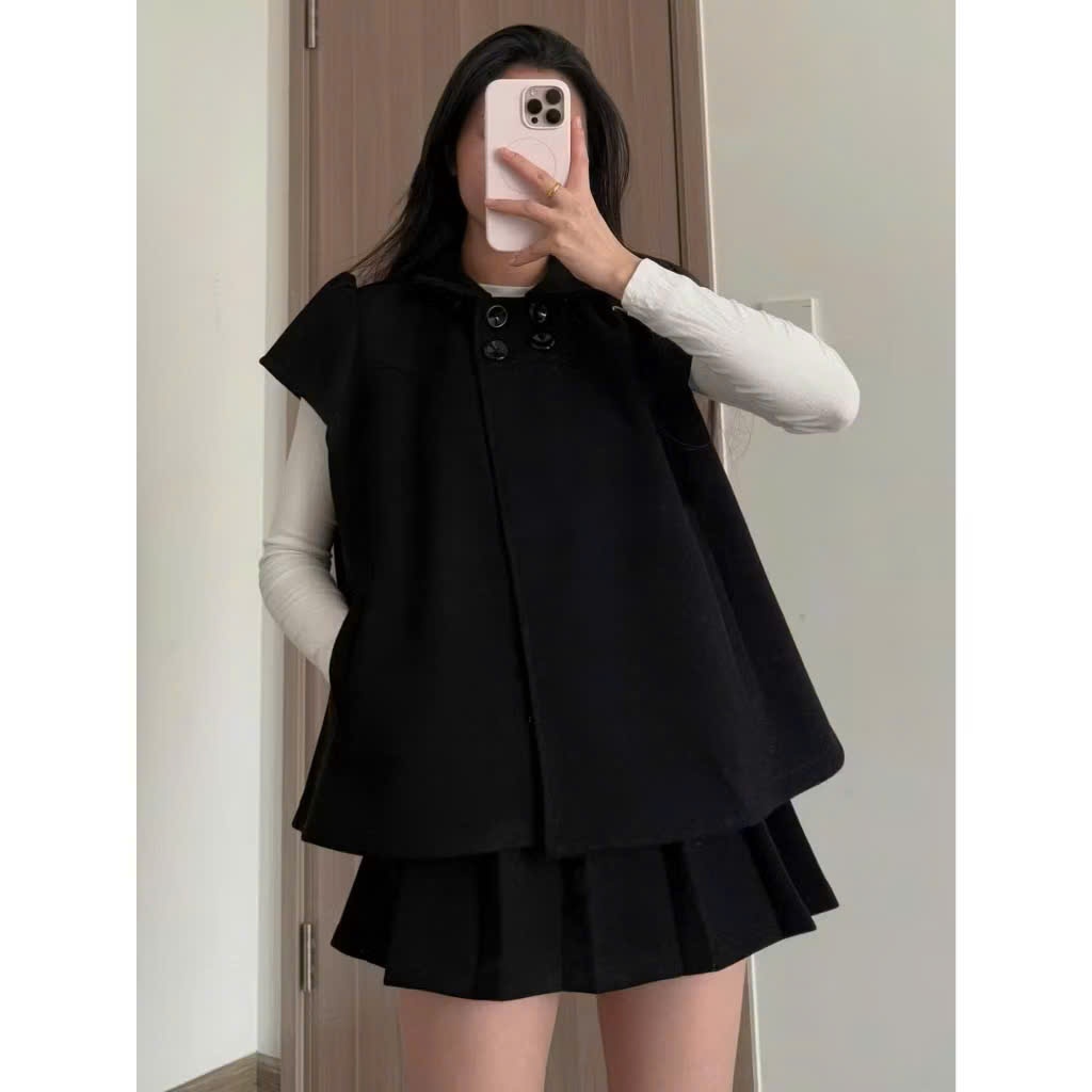 Set 2 Chi Tiết Gồm Áo Dạ Cổ Sen Cộc Tay & Chân Váy Ngắn Xếp Ly Thanh Lịch Mặc Tết (Ko kèm áo trong)