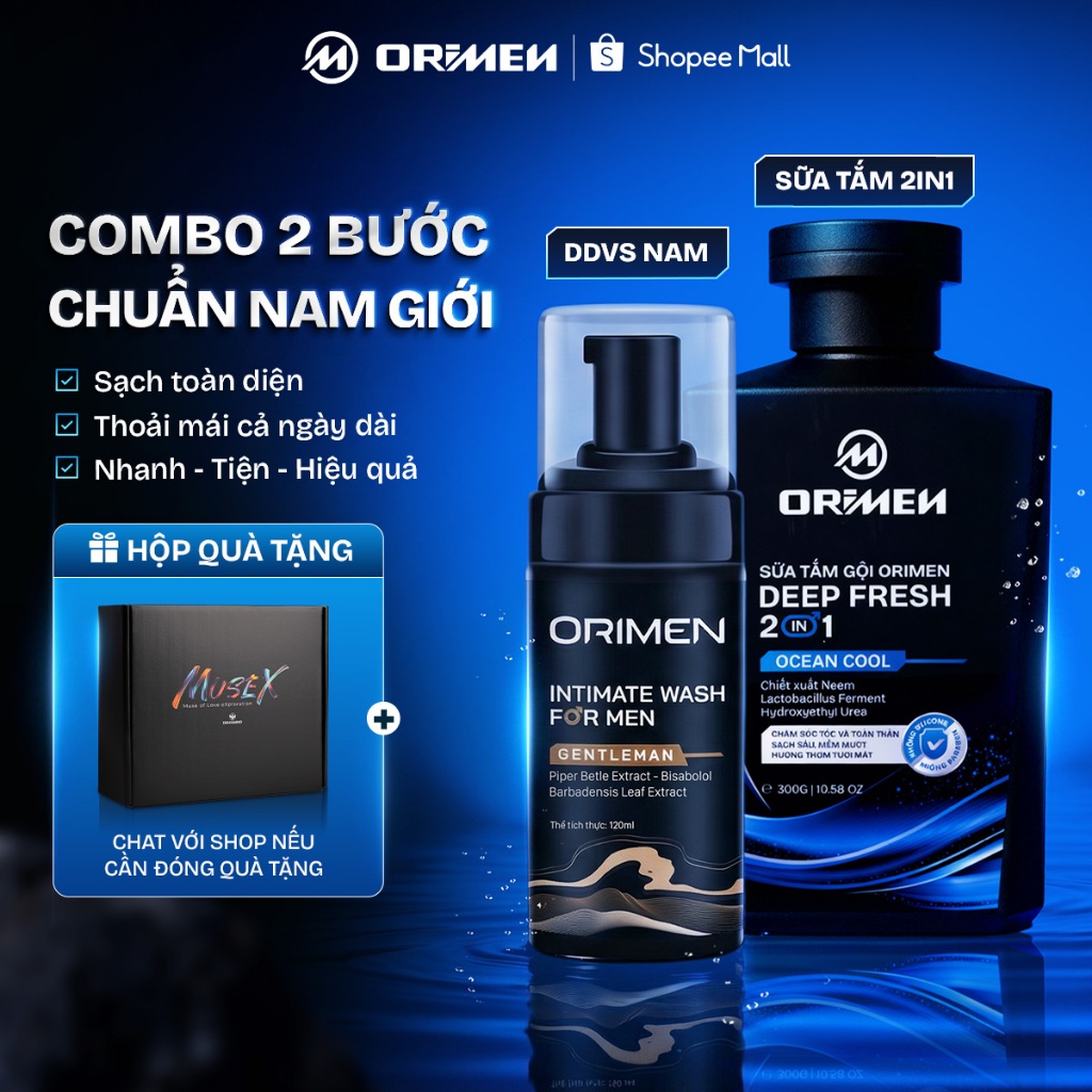 Bộ Sản Phẩm Chăm Sóc Nam Giới Orimen: 1 Bọt Vệ Sinh Nam Orimen Gentleman 120ml và 1 Sữa Tắm Gội 2 Trong 1 Orimen 220ml