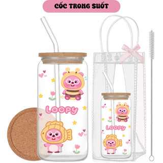 Cốc Thủy Tinh Loopy 500ml, Ly Thủy Tinh Nắp Tre 16Oz Chịu Nhiệt Kèm Phụ Kiện, Quà Tặng Sinh Nhật