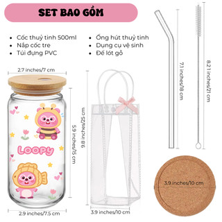 Cốc Thủy Tinh Loopy 500ml, Ly Thủy Tinh Nắp Tre 16Oz Chịu Nhiệt Kèm Phụ Kiện, Quà Tặng Sinh Nhật