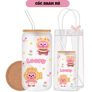 Cốc Thủy Tinh Loopy 500ml, Ly Thủy Tinh Nắp Tre 16Oz Chịu Nhiệt Kèm Phụ Kiện, Quà Tặng Sinh Nhật