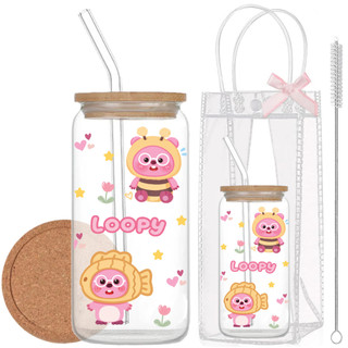 Cốc Thủy Tinh Loopy 500ml, Ly Thủy Tinh Nắp Tre 16Oz Chịu Nhiệt Kèm Phụ Kiện, Quà Tặng Sinh Nhật