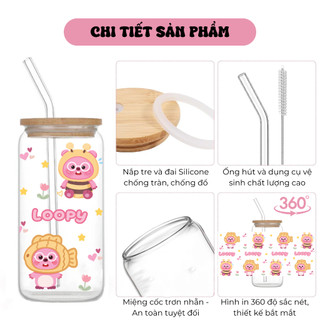 Cốc Thủy Tinh Loopy 500ml, Ly Thủy Tinh Nắp Tre 16Oz Chịu Nhiệt Kèm Phụ Kiện, Quà Tặng Sinh Nhật