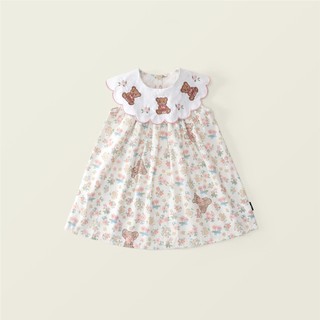 Váy Cho Bé Gái, Váy Cổ Bèo Thiết Kế Thêu Gấu Dễ Thương Chất Liệu Cotton Thoáng Khí