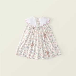 Váy Cho Bé Gái, Váy Cổ Bèo Thiết Kế Thêu Gấu Dễ Thương Chất Liệu Cotton Thoáng Khí