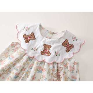 Váy Cho Bé Gái, Váy Cổ Bèo Thiết Kế Thêu Gấu Dễ Thương Chất Liệu Cotton Thoáng Khí