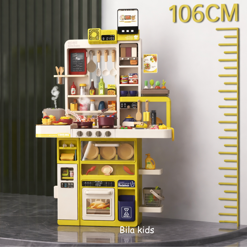 Đồ Chơi Nấu Ăn Cho Bé 106cm | Bếp Nấu Ăn Có Khói, Nước Chạy, Đèn Nhạc, Nồi Cơm Điện, 118 Phụ Kiện nhà bếp cho bé
