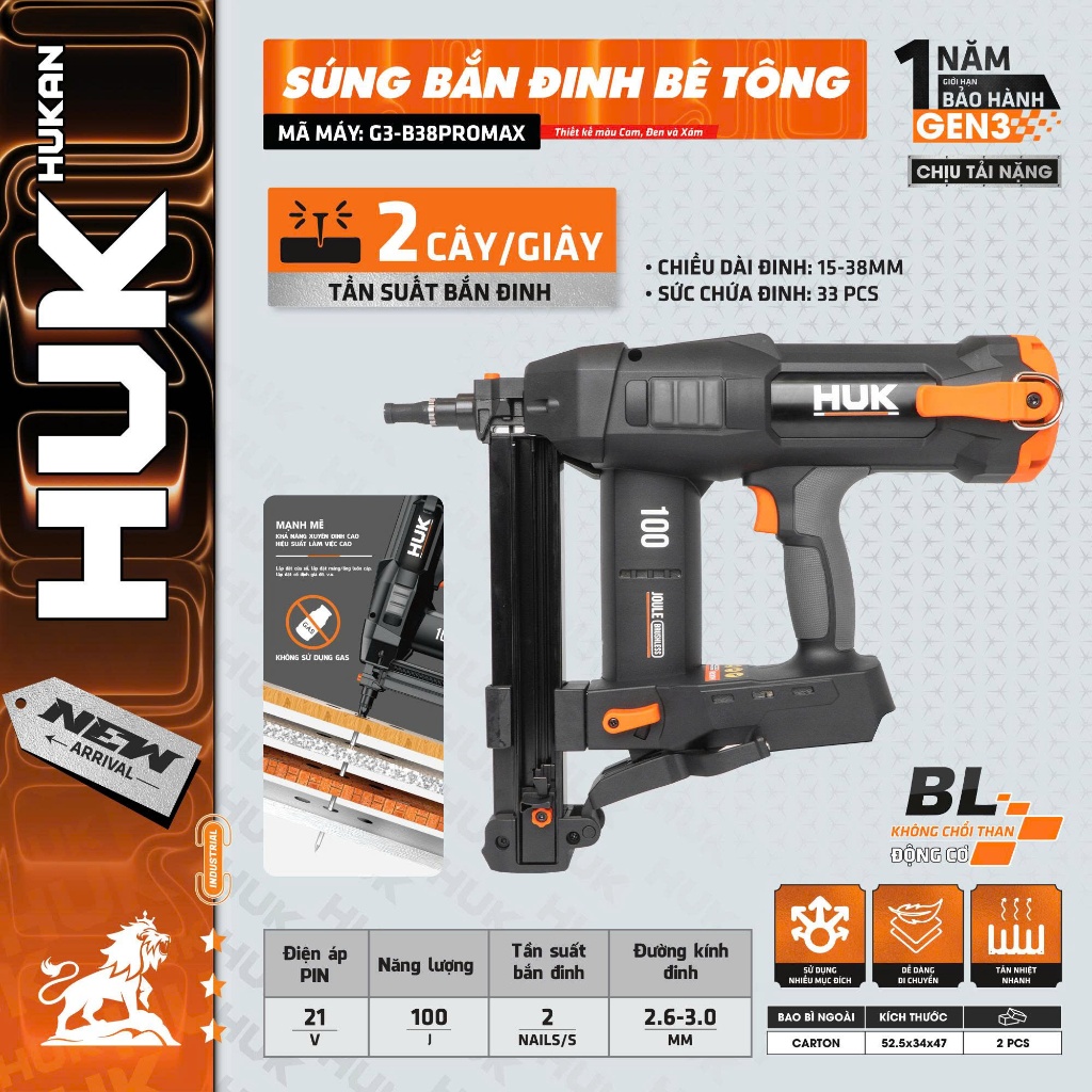 Thân Súng Bắn Đinh Pin 21V HUKAN G3-B38PROMAX Gen3 | 100J | Động Cơ Không Chổi Than | Bắn Đinh 15–38mm