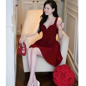 Đầm nhung nữ dáng xòe sang trọng cổ tim quyến rũ dự tiệc cưới sinh nhật cao cấp
