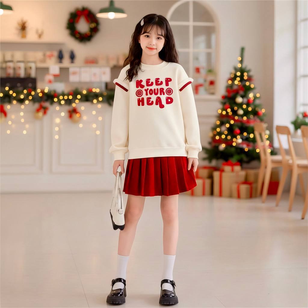 Set áo KEEP YOUR HEAD kèm cv xếp li cho bé gái size đại BEESHOP D25108