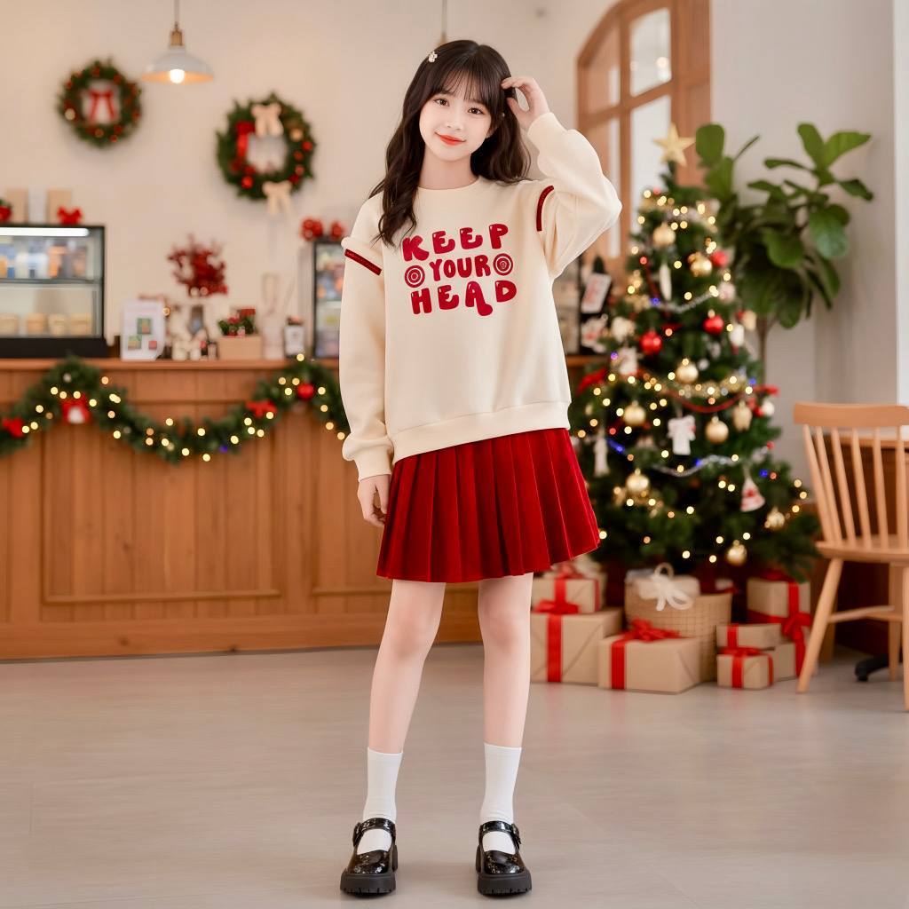 Set áo KEEP YOUR HEAD kèm cv xếp li cho bé gái size đại BEESHOP D25108