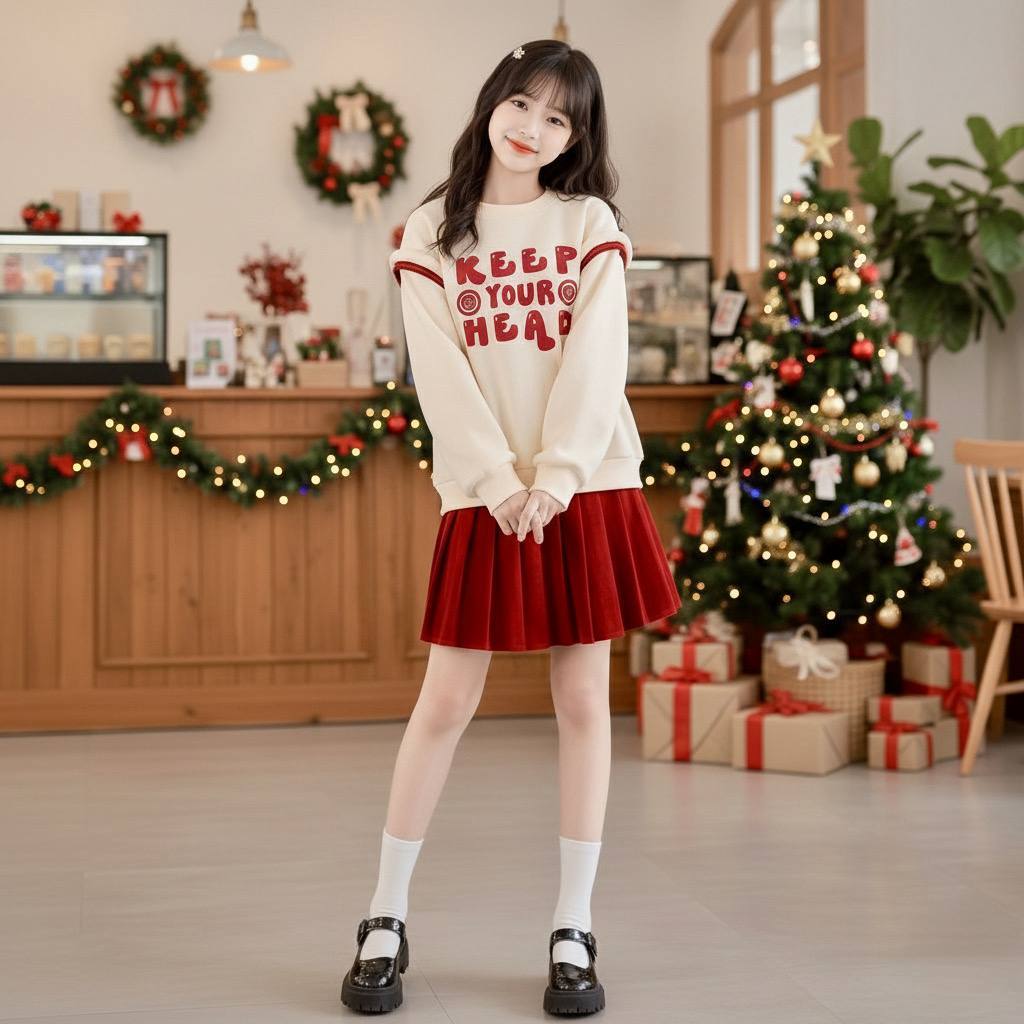 Set áo KEEP YOUR HEAD kèm cv xếp li cho bé gái size đại BEESHOP D25108