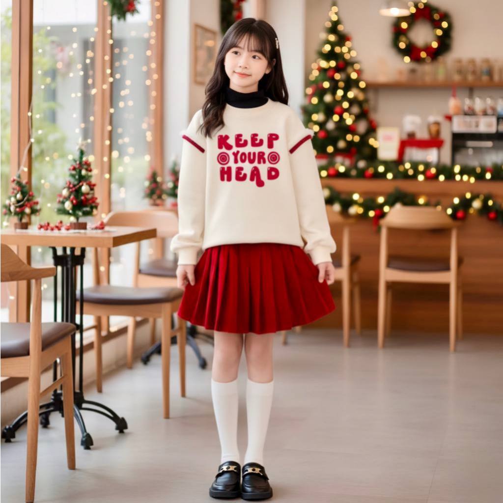 Set áo KEEP YOUR HEAD kèm cv xếp li cho bé gái size đại BEESHOP D25108