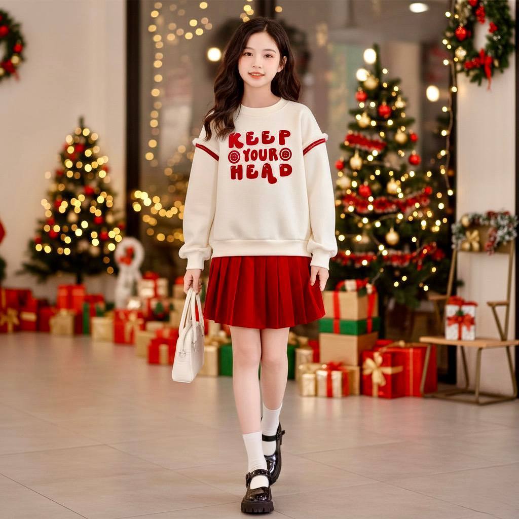 Set áo KEEP YOUR HEAD kèm cv xếp li cho bé gái size đại BEESHOP D25108