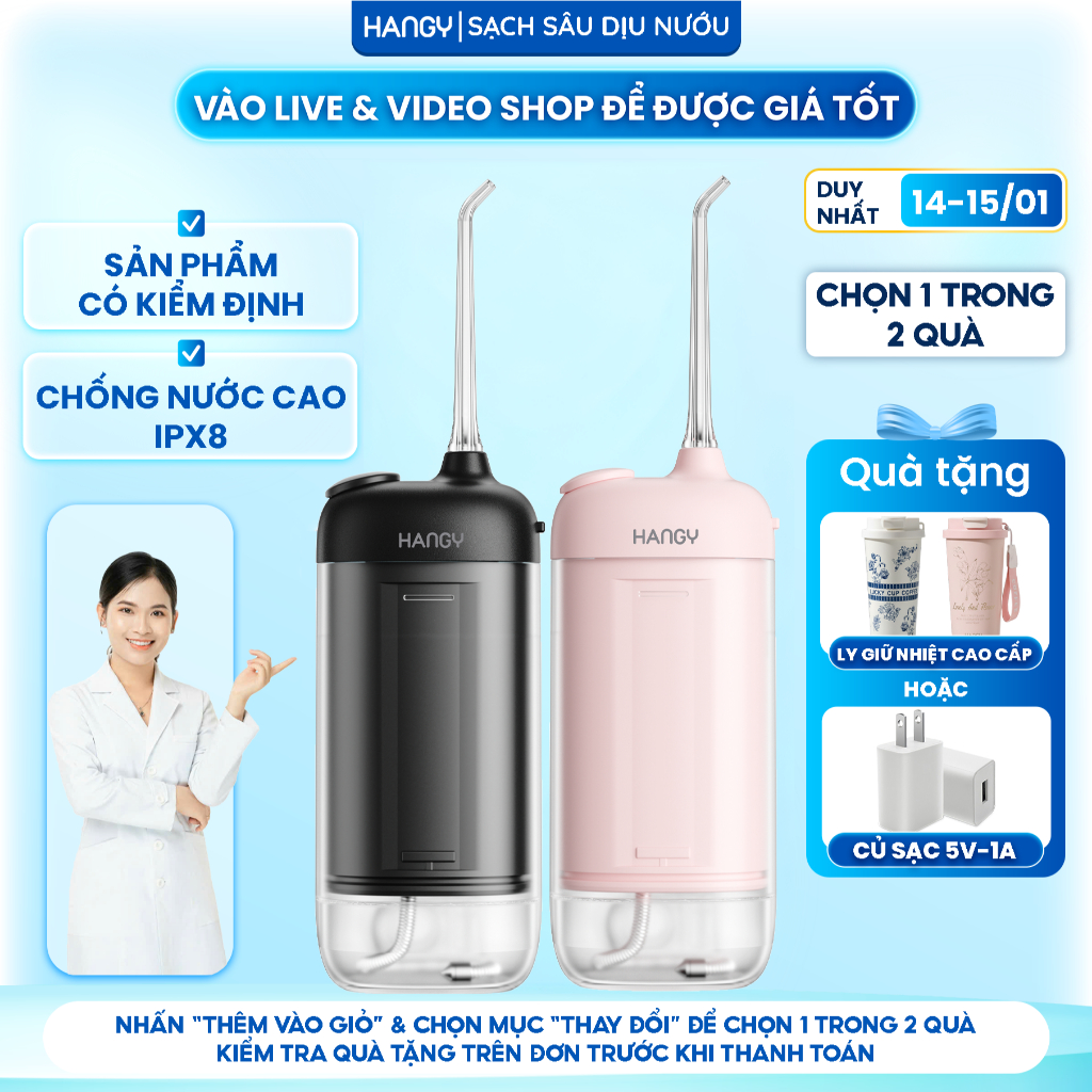 Máy tăm nước cá nhân mini HANGY O16 - HM23 Chống nước IPX8, Công nghệ tia nước sạch sâu êm ái, Đổi mới trong 12 tháng