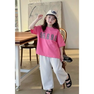 [B&G] Sét bộ Áo thun oversize pastel in số cá tính, mix quần ống rộng kẻ sọc trắng đen bé gái