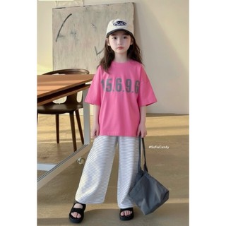 [B&G] Sét bộ Áo thun oversize pastel in số cá tính, mix quần ống rộng kẻ sọc trắng đen bé gái