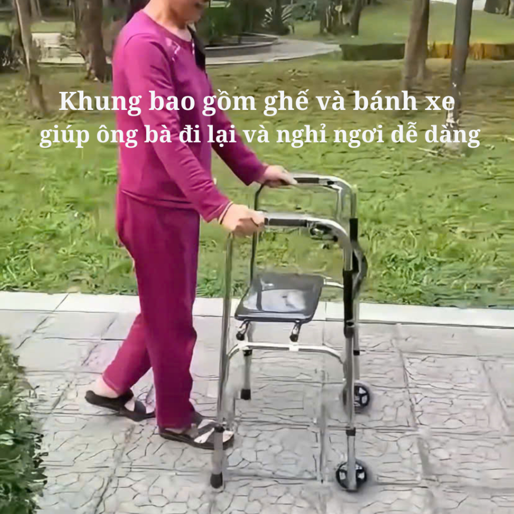 Khung tập đi thiết kế có bánh xe + ghế ngồi tiện lợi cho ông bà