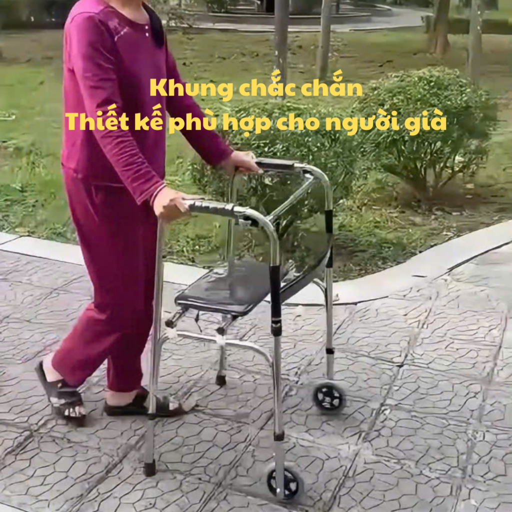 Khung tập đi thiết kế có bánh xe + ghế ngồi tiện lợi cho ông bà