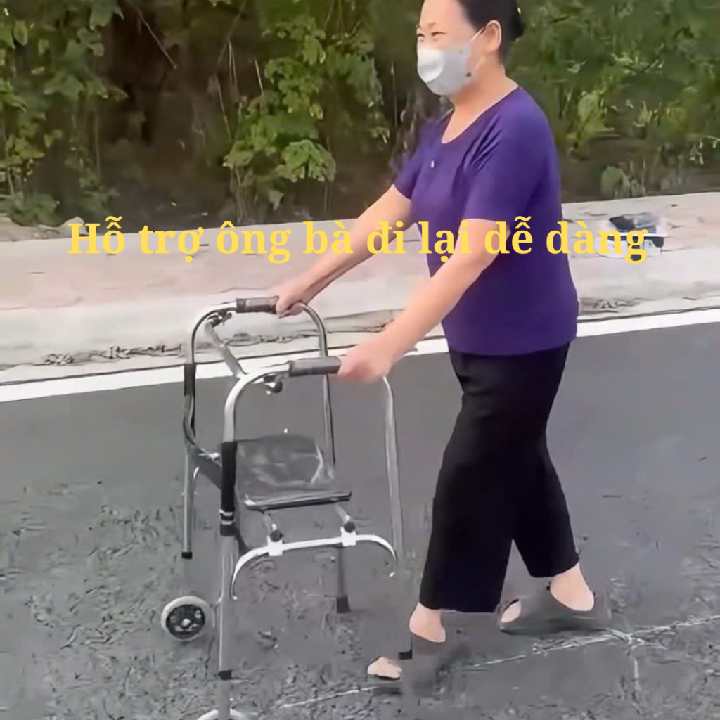 Khung tập đi thiết kế có bánh xe + ghế ngồi tiện lợi cho ông bà