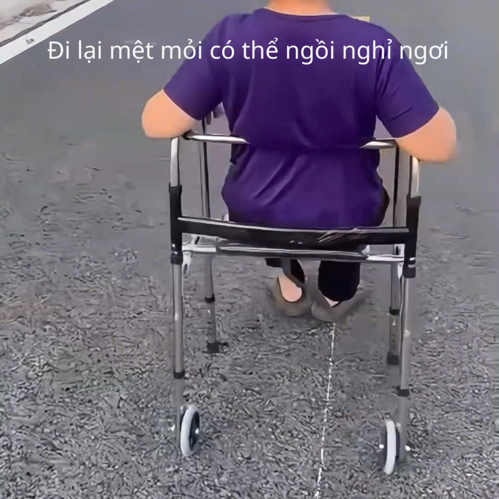 Khung tập đi thiết kế có bánh xe + ghế ngồi tiện lợi cho ông bà