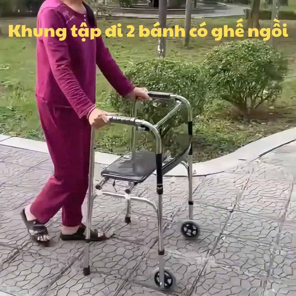 Khung tập đi thiết kế có bánh xe + ghế ngồi tiện lợi cho ông bà