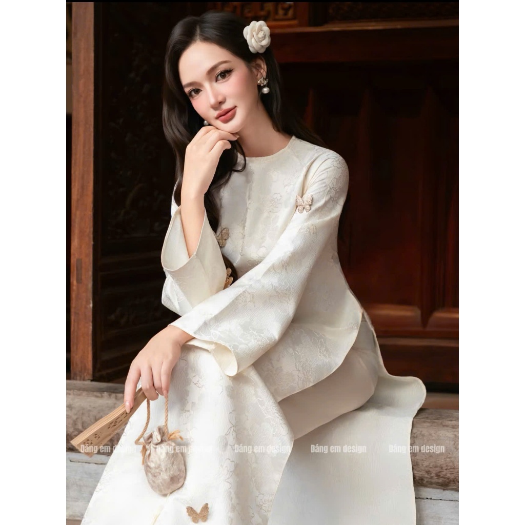 [Tặng 10 bướm] Áo dài Châu Điệp - Áo dài tết gấm vân hoa chìm form cổ tròn, xuông, tay loe mặc đi tiệc, áo dài tết nữ